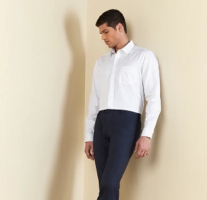 Stretch White Knit Shirt With Midnight Blue Striped Trousers